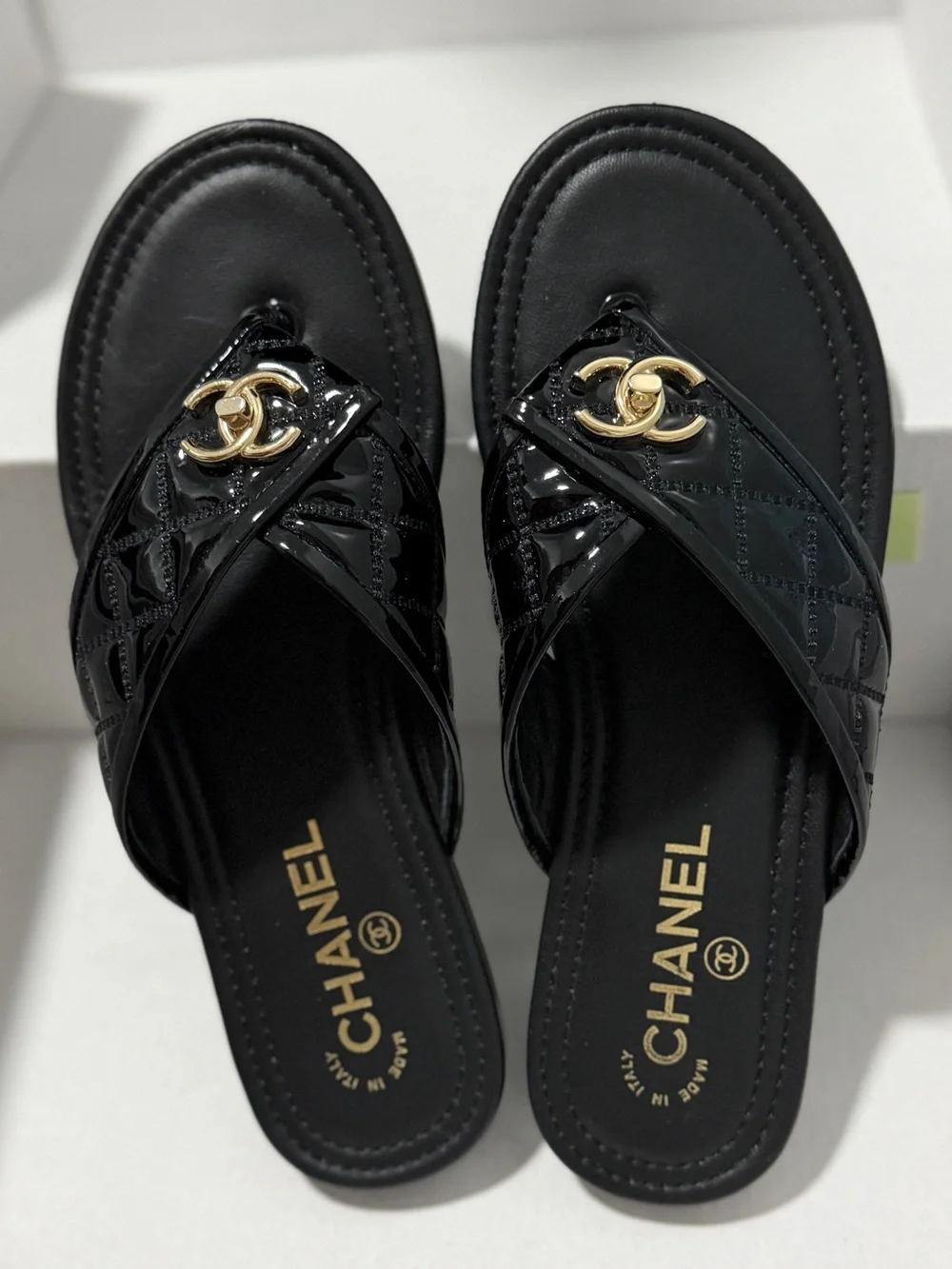 CHANEL Black Quilted Patent Leather Slide Sandals
